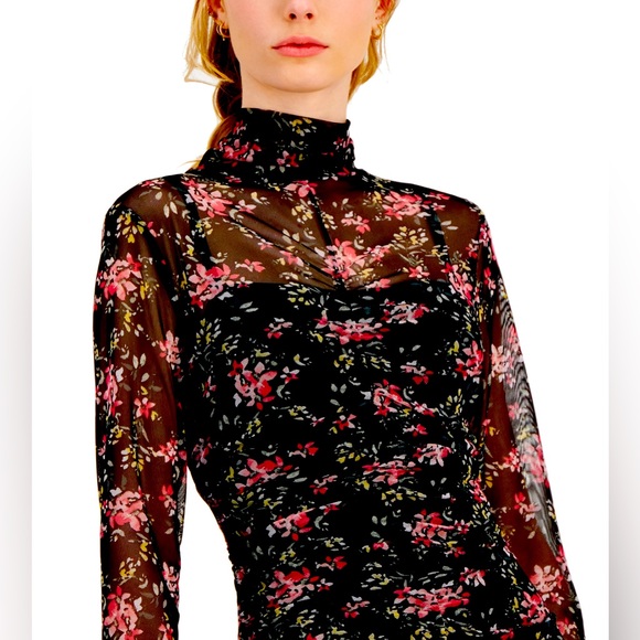 INC International Concepts Floral-Print Mock-Neck Ruched Mesh Dress Size XL - Picture 15 of 16